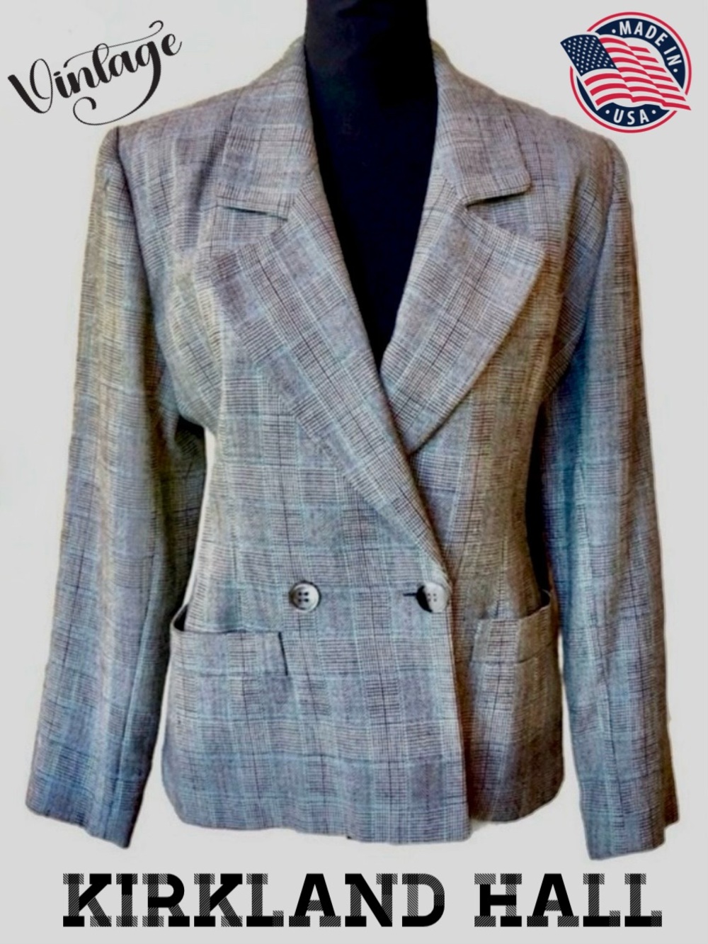 70s/80s Kirkland Hall Blazer Cropped Fitted Lined Glen Plaid Jacket Pockets (4)